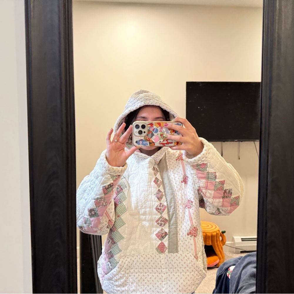 Quilted Hooded Jacket with Pink and Green Accents